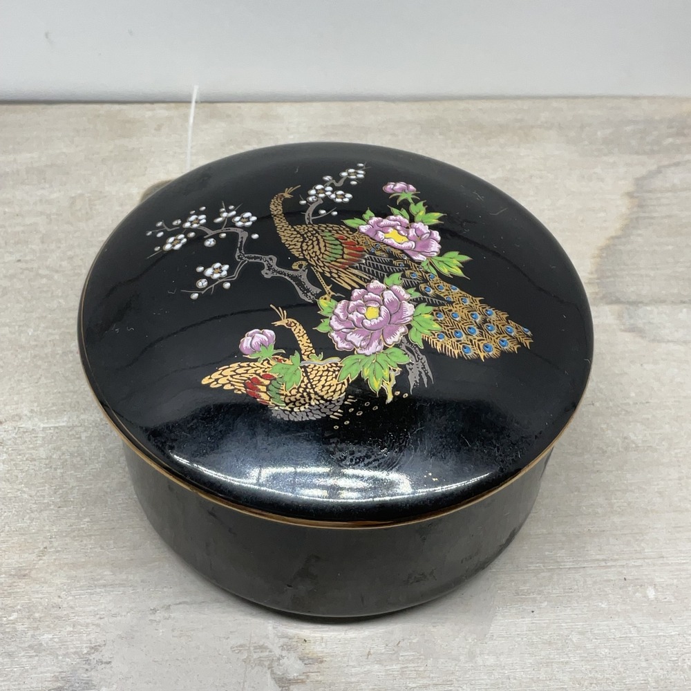 Vintage Black Ceramic Peacock Trinket Box Floral Japanese Style Jewelry Dish
